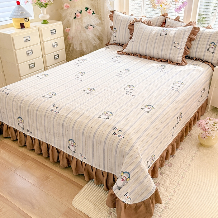 91家纺网 家纺一手货源 找家纺 唐人居 2026春夏新款皱皱水洗棉花边床盖四件套 音乐企鹅