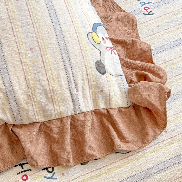 91家纺网 家纺一手货源 找家纺 唐人居 2026春夏新款皱皱水洗棉花边床盖四件套 音乐企鹅