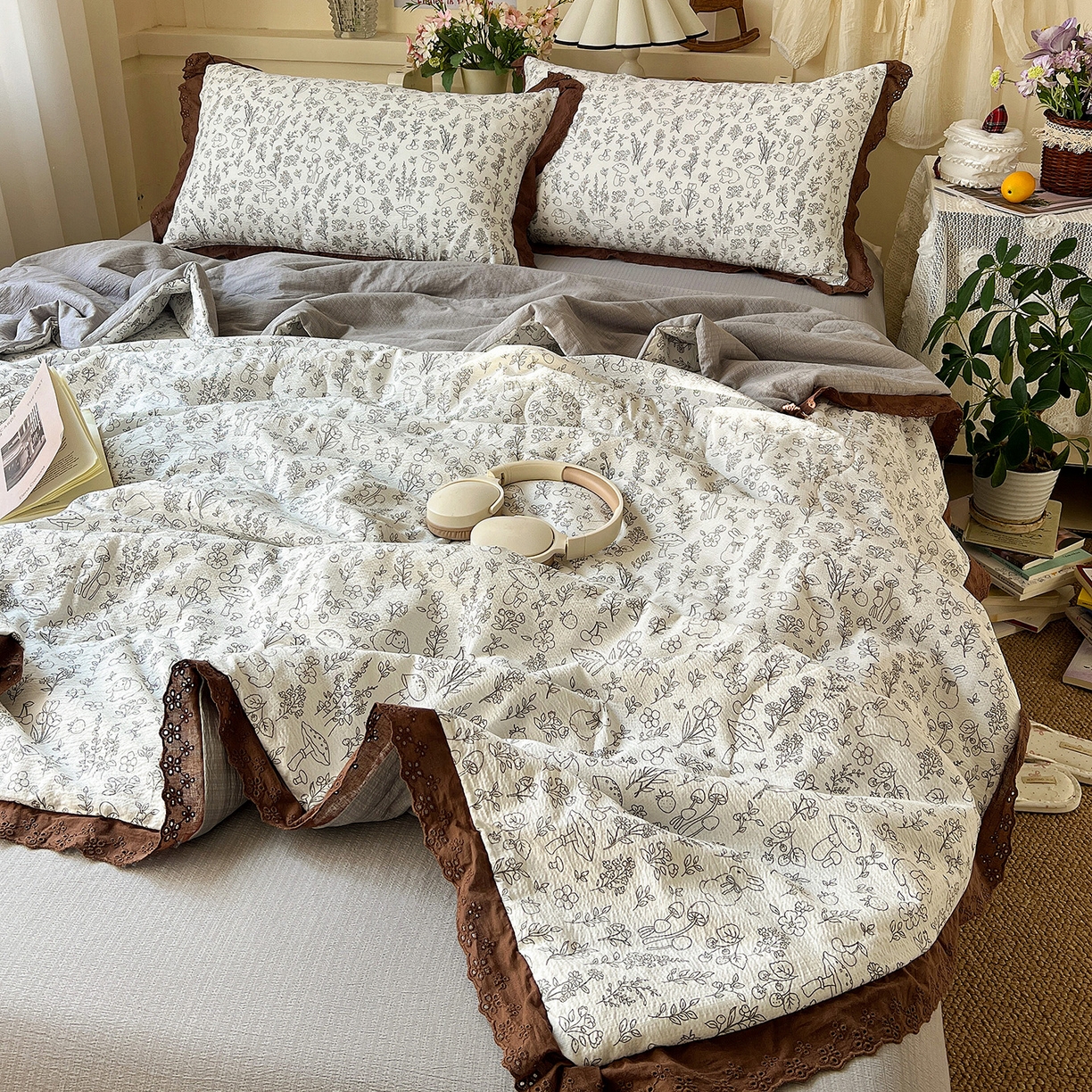 91家纺网 家纺一手货源 找家纺 一比一家纺 2026新款彩色花边木棉皱皱纱夏被四件套 野餐兔