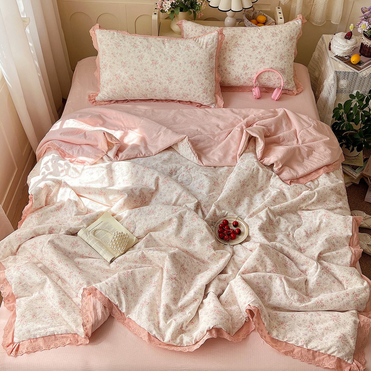 91家纺网 家纺一手货源 找家纺 一比一家纺 2026新款彩色花边木棉皱皱纱夏被四件套 樱花季