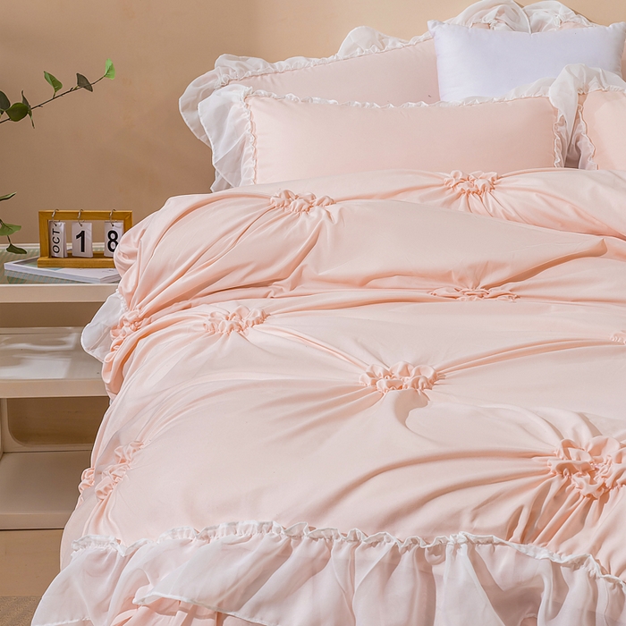 91家纺网 家纺一手货源 找家纺 恩和家纺 2026新款弹力揪花白纱飞边床单款床裙款三四件套 粉色