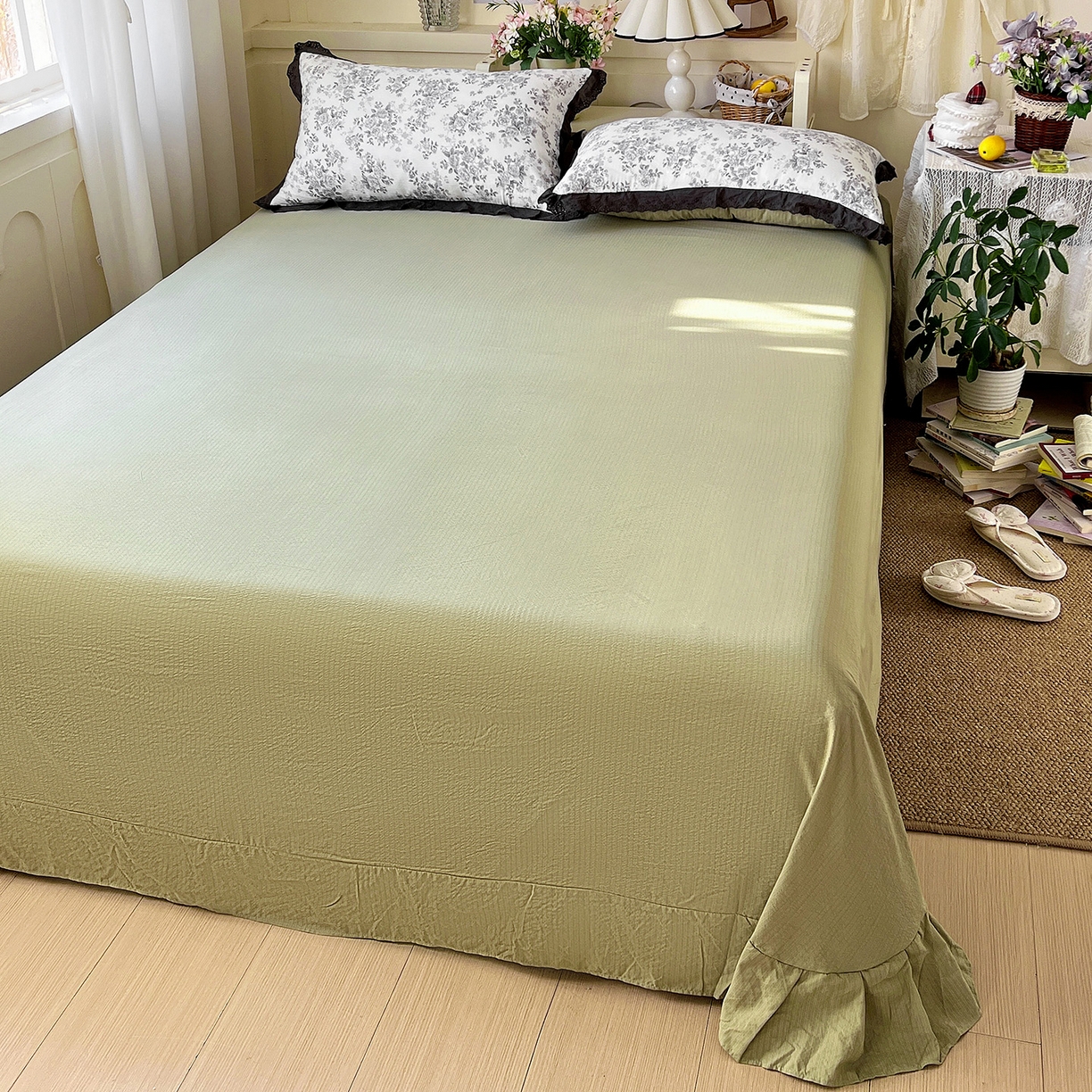 91家纺网 家纺一手货源 找家纺 一比一家纺 2026新款彩色花边木棉皱皱纱夏被四件套 悠然