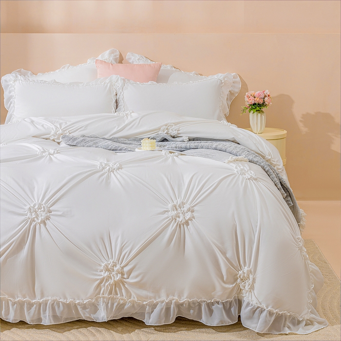 91家纺网 家纺一手货源 找家纺 恩和家纺 2026新款弹力揪花白纱飞边床单款床裙款三四件套 白色