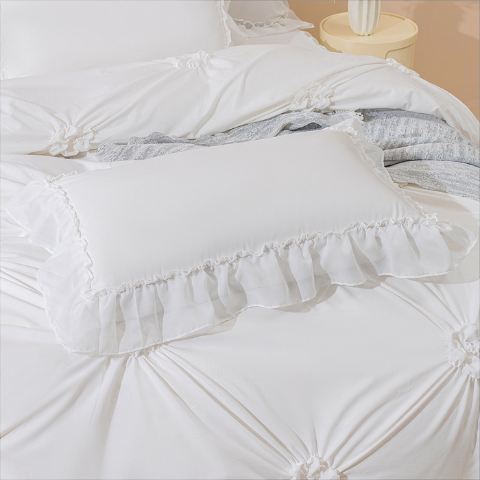 91家纺网 家纺一手货源 找家纺 恩和家纺 2026新款弹力揪花白纱飞边床单款床裙款三四件套 白色