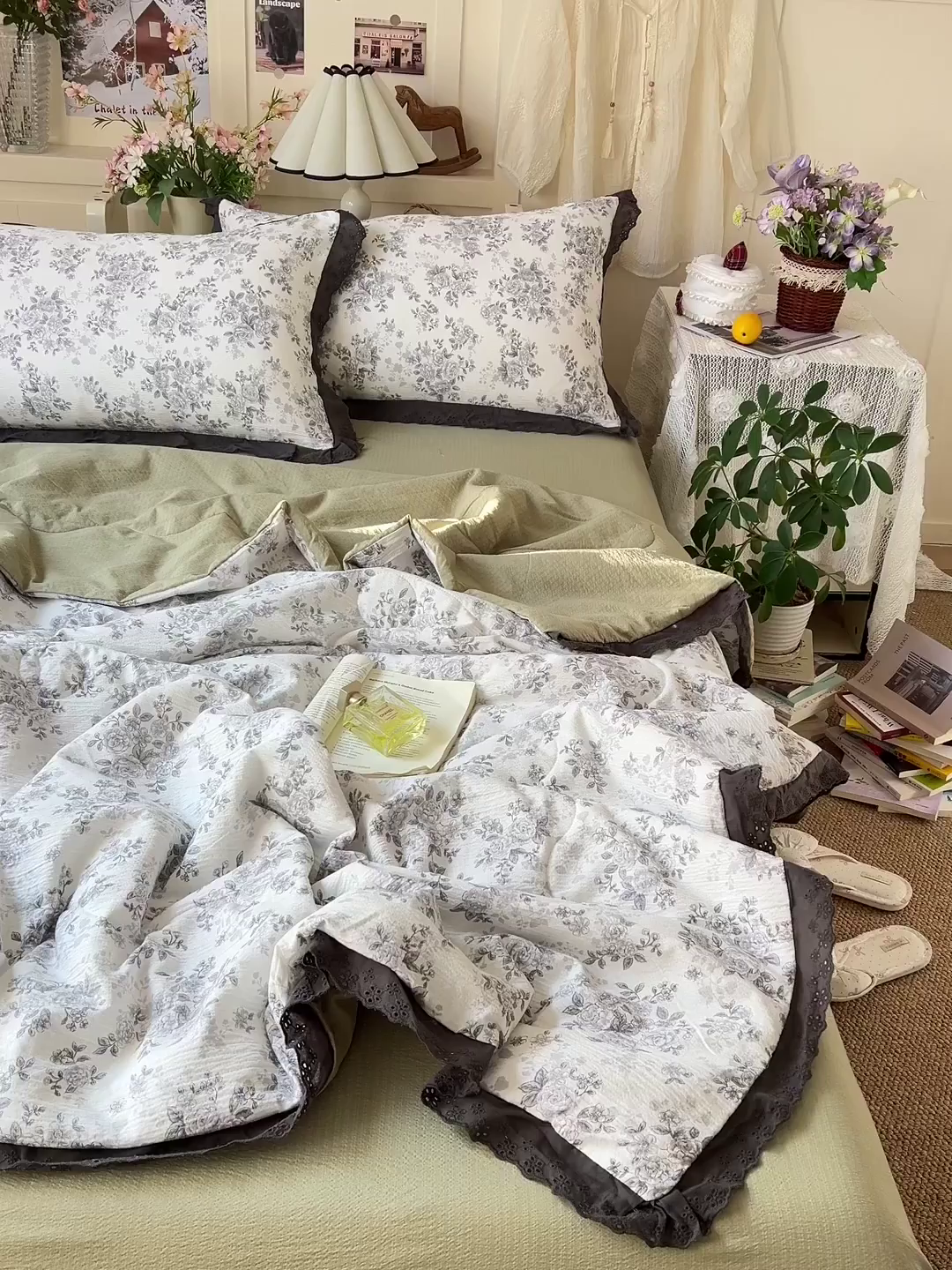 91家纺网 家纺一手货源 找家纺 一比一家纺 2026新款彩色花边木棉皱皱纱夏被四件套 悠然