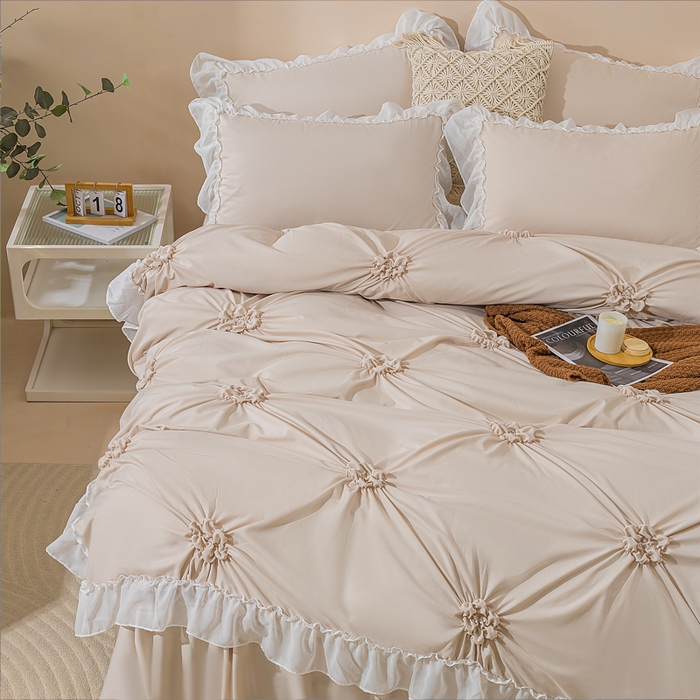 91家纺网 家纺一手货源 找家纺 恩和家纺 2026新款弹力揪花白纱飞边床单款床裙款三四件套 新驼