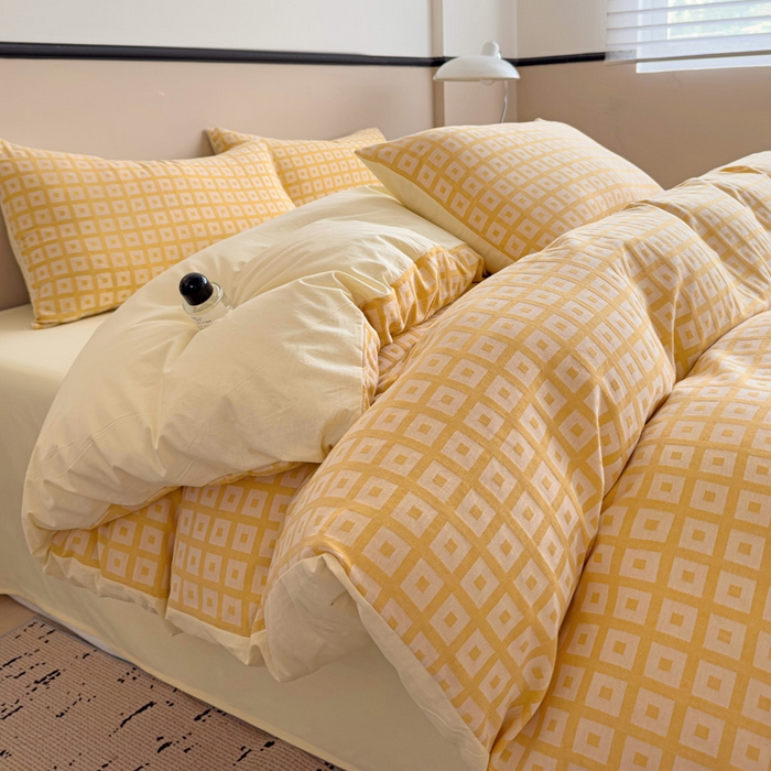 91家纺网 家纺一手货源 找家纺 （总）小懒猪 2026秋冬新款全棉纯棉色织水洗棉华夫格四件套-魔方系列