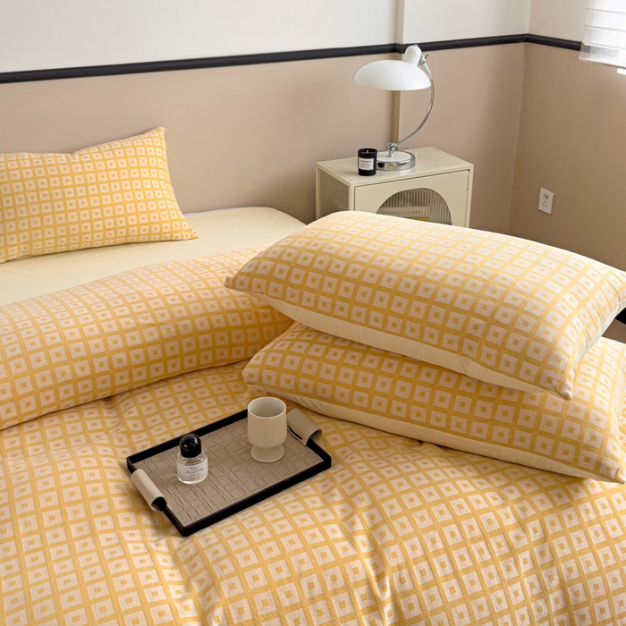 91家纺网 家纺一手货源 找家纺 （总）小懒猪 2026秋冬新款全棉纯棉色织水洗棉华夫格四件套-魔方系列