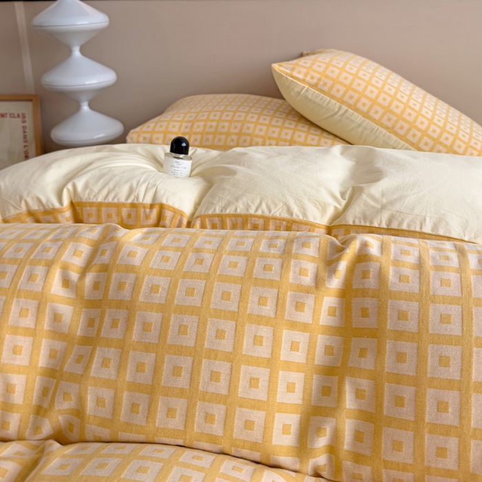 91家纺网 家纺一手货源 找家纺 （总）小懒猪 2026秋冬新款全棉纯棉色织水洗棉华夫格四件套-魔方系列