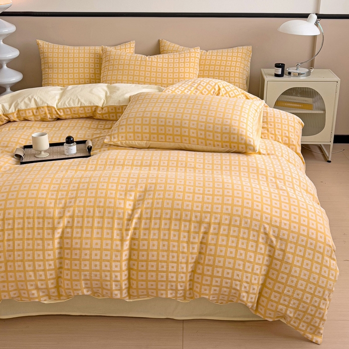 91家纺网 家纺一手货源 找家纺 （总）小懒猪 2026秋冬新款全棉纯棉色织水洗棉华夫格四件套-魔方系列