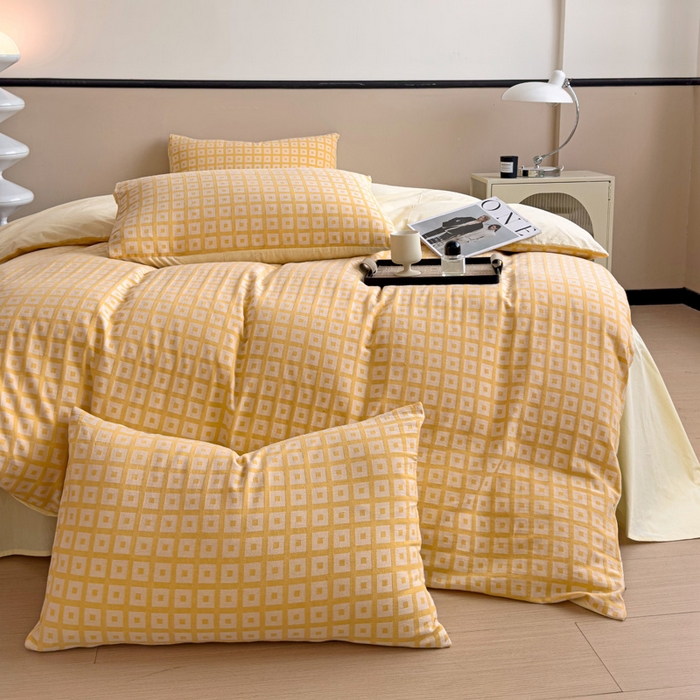 91家纺网 家纺一手货源 找家纺 （总）小懒猪 2026秋冬新款全棉纯棉色织水洗棉华夫格四件套-魔方系列