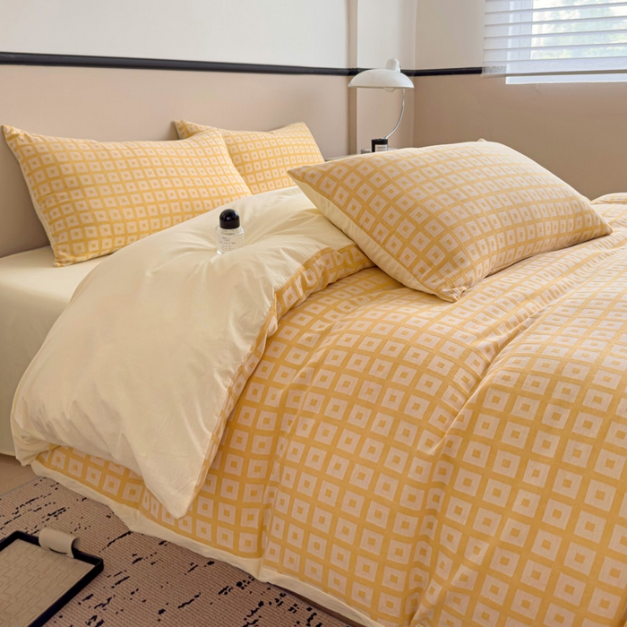 91家纺网 家纺一手货源 找家纺 （总）小懒猪 2026秋冬新款全棉纯棉色织水洗棉华夫格四件套-魔方系列