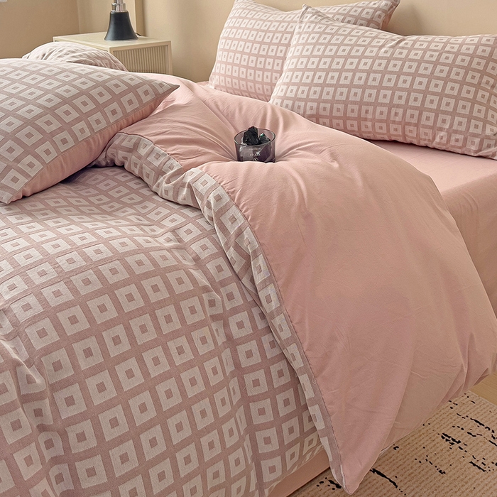 91家纺网 家纺一手货源 找家纺 （总）小懒猪 2026秋冬新款全棉纯棉色织水洗棉华夫格四件套-魔方系列