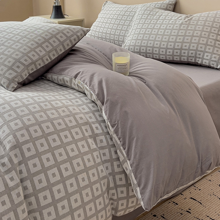 91家纺网 家纺一手货源 找家纺 （总）小懒猪 2026秋冬新款全棉纯棉色织水洗棉华夫格四件套-魔方系列