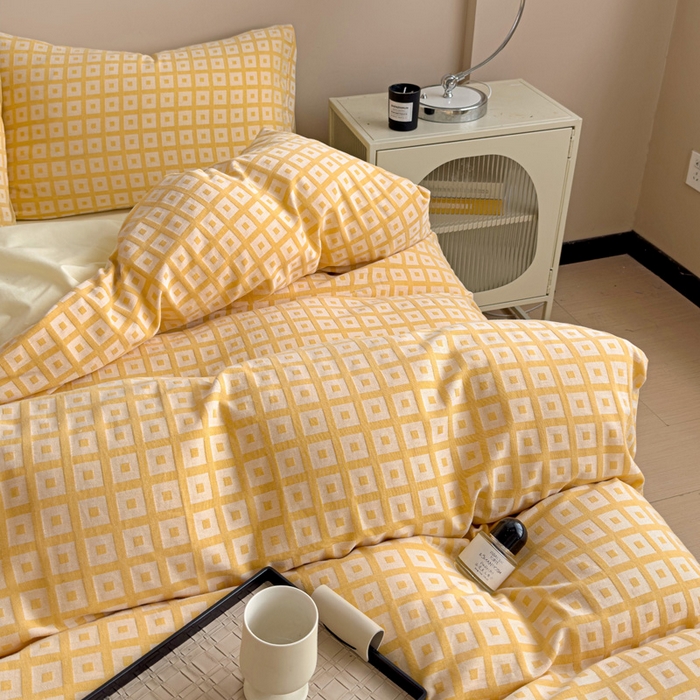 91家纺网 家纺一手货源 找家纺 小懒猪 2026秋冬新款全棉纯棉色织水洗棉华夫格四件套-魔方系列 魔方橙