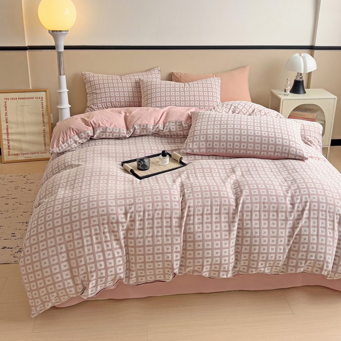 91家纺网 家纺一手货源 找家纺 小懒猪 2026秋冬新款全棉纯棉色织水洗棉华夫格四件套-魔方系列 魔方豆沙