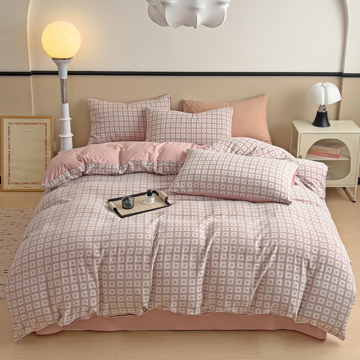 91家纺网 家纺一手货源 找家纺 小懒猪 2026秋冬新款全棉纯棉色织水洗棉华夫格四件套-魔方系列 魔方豆沙