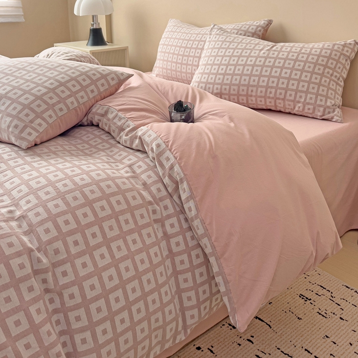 91家纺网 家纺一手货源 找家纺 小懒猪 2026秋冬新款全棉纯棉色织水洗棉华夫格四件套-魔方系列 魔方豆沙