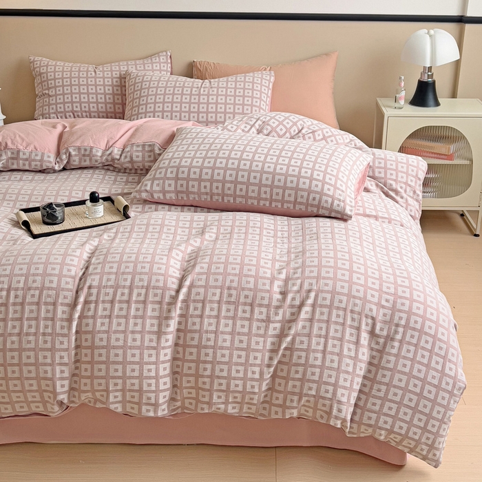 91家纺网 家纺一手货源 找家纺 小懒猪 2026秋冬新款全棉纯棉色织水洗棉华夫格四件套-魔方系列 魔方豆沙