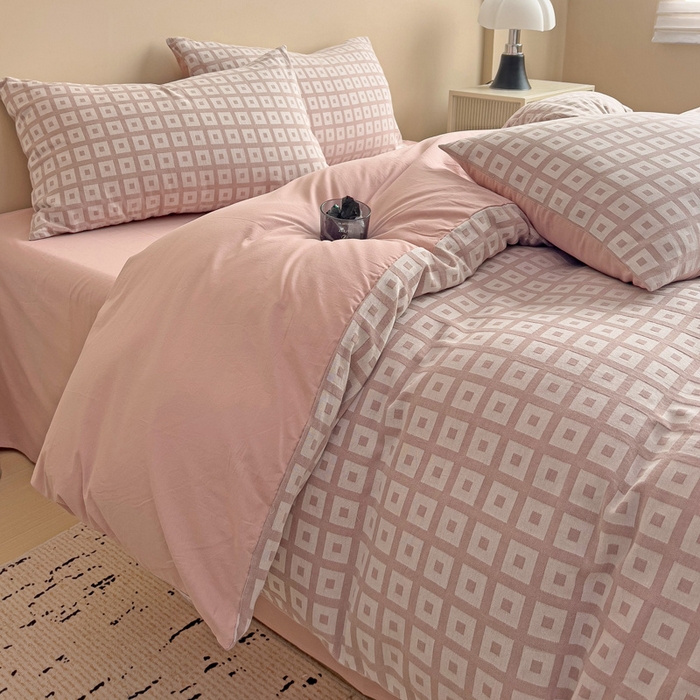 91家纺网 家纺一手货源 找家纺 小懒猪 2026秋冬新款全棉纯棉色织水洗棉华夫格四件套-魔方系列 魔方豆沙