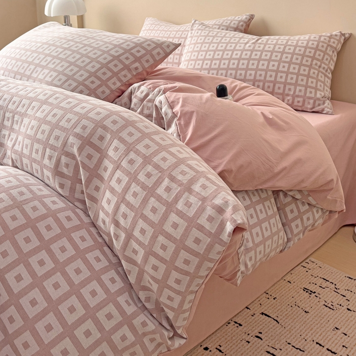 91家纺网 家纺一手货源 找家纺 小懒猪 2026秋冬新款全棉纯棉色织水洗棉华夫格四件套-魔方系列 魔方豆沙