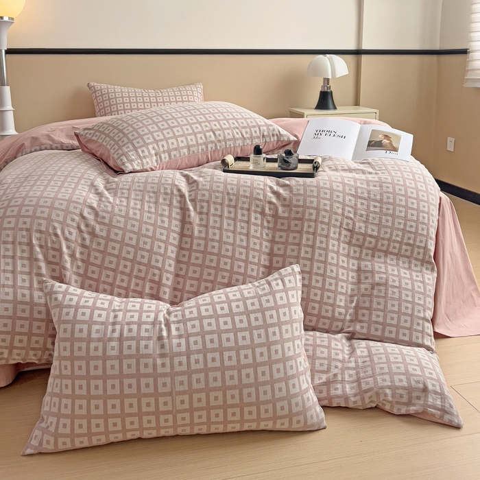 91家纺网 家纺一手货源 找家纺 小懒猪 2026秋冬新款全棉纯棉色织水洗棉华夫格四件套-魔方系列 魔方豆沙