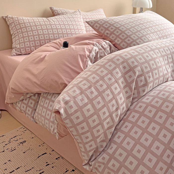 91家纺网 家纺一手货源 找家纺 小懒猪 2026秋冬新款全棉纯棉色织水洗棉华夫格四件套-魔方系列 魔方豆沙