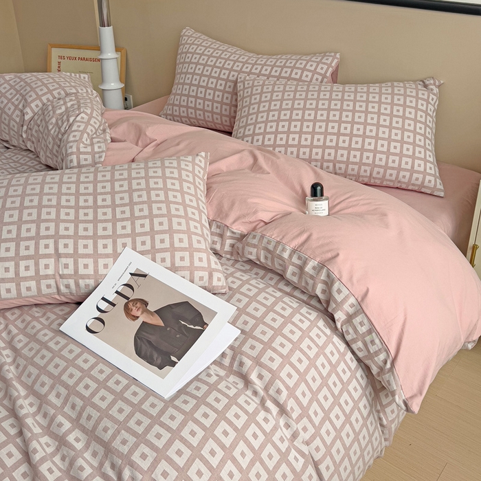 91家纺网 家纺一手货源 找家纺 小懒猪 2026秋冬新款全棉纯棉色织水洗棉华夫格四件套-魔方系列 魔方豆沙