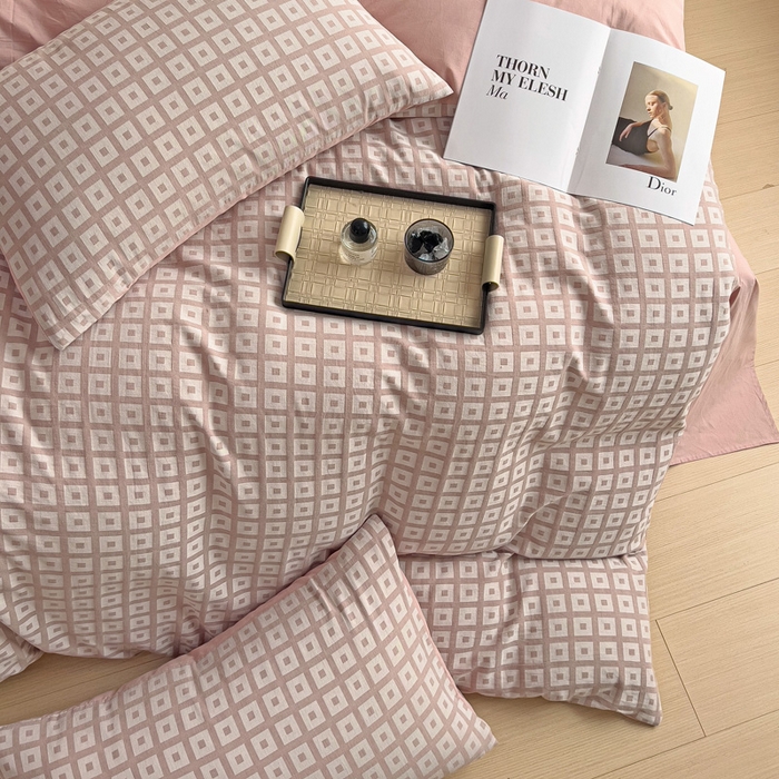 91家纺网 家纺一手货源 找家纺 小懒猪 2026秋冬新款全棉纯棉色织水洗棉华夫格四件套-魔方系列 魔方豆沙