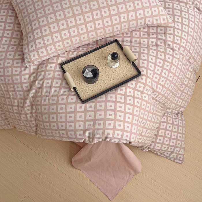 91家纺网 家纺一手货源 找家纺 小懒猪 2026秋冬新款全棉纯棉色织水洗棉华夫格四件套-魔方系列 魔方豆沙