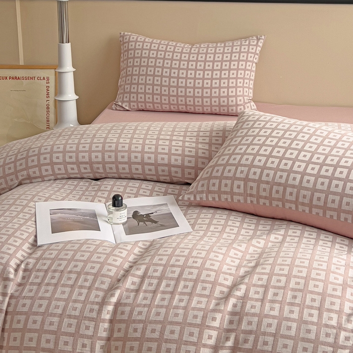 91家纺网 家纺一手货源 找家纺 小懒猪 2026秋冬新款全棉纯棉色织水洗棉华夫格四件套-魔方系列 魔方豆沙