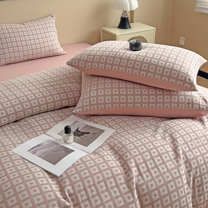 91家纺网 家纺一手货源 找家纺 小懒猪 2026秋冬新款全棉纯棉色织水洗棉华夫格四件套-魔方系列 魔方豆沙