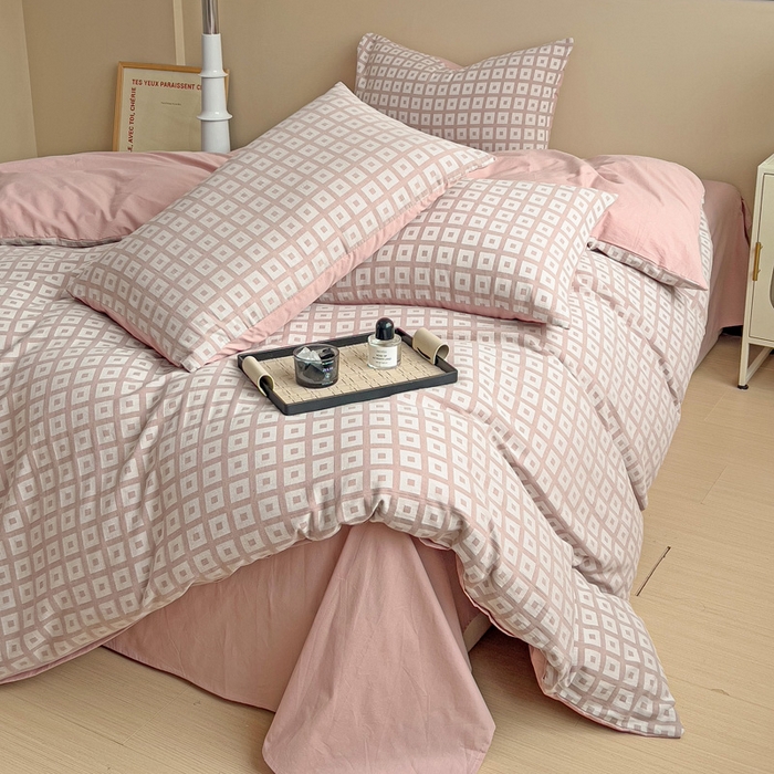 91家纺网 家纺一手货源 找家纺 小懒猪 2026秋冬新款全棉纯棉色织水洗棉华夫格四件套-魔方系列 魔方豆沙