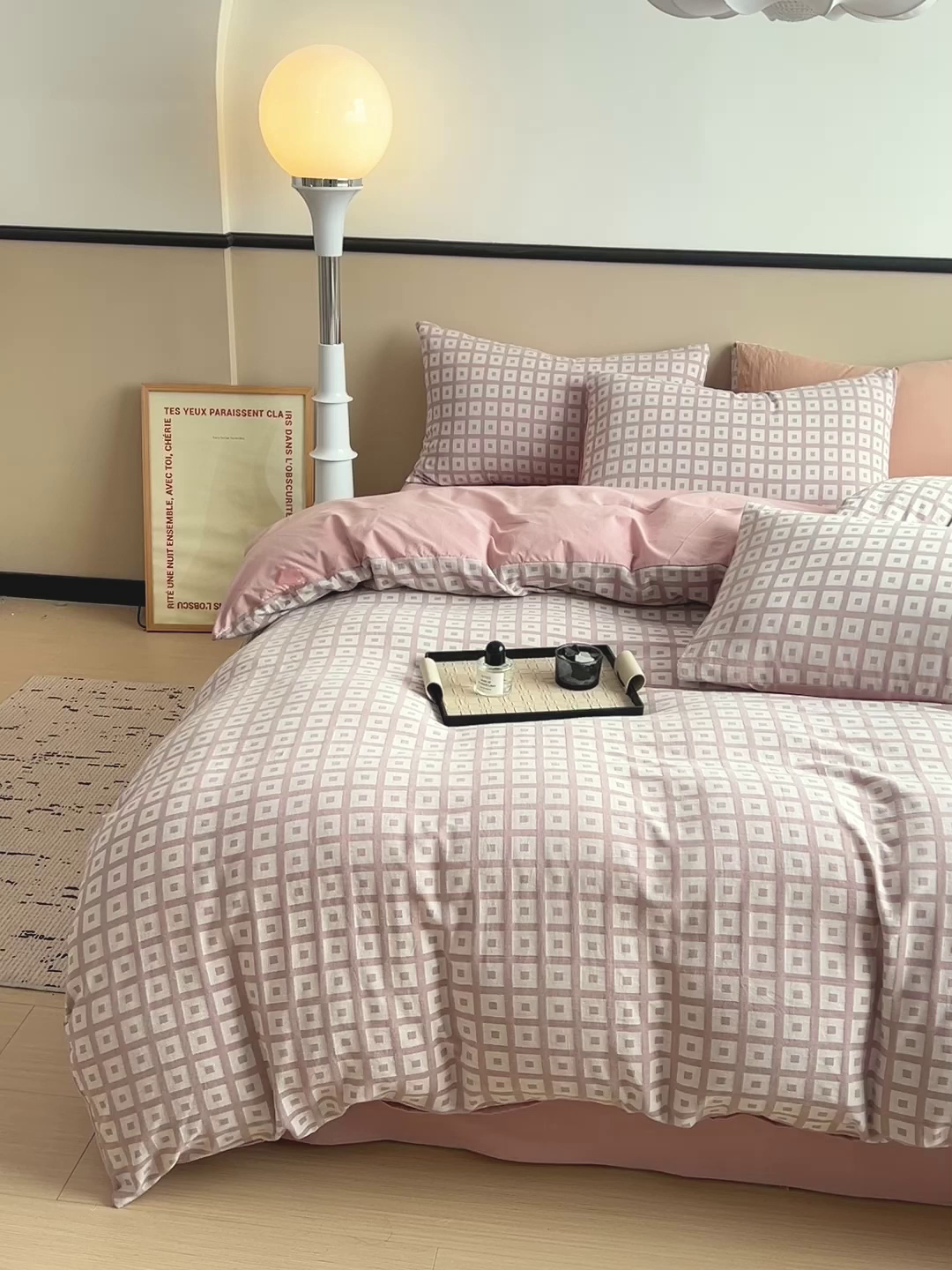 91家纺网 家纺一手货源 找家纺 小懒猪 2026秋冬新款全棉纯棉色织水洗棉华夫格四件套-魔方系列 魔方豆沙