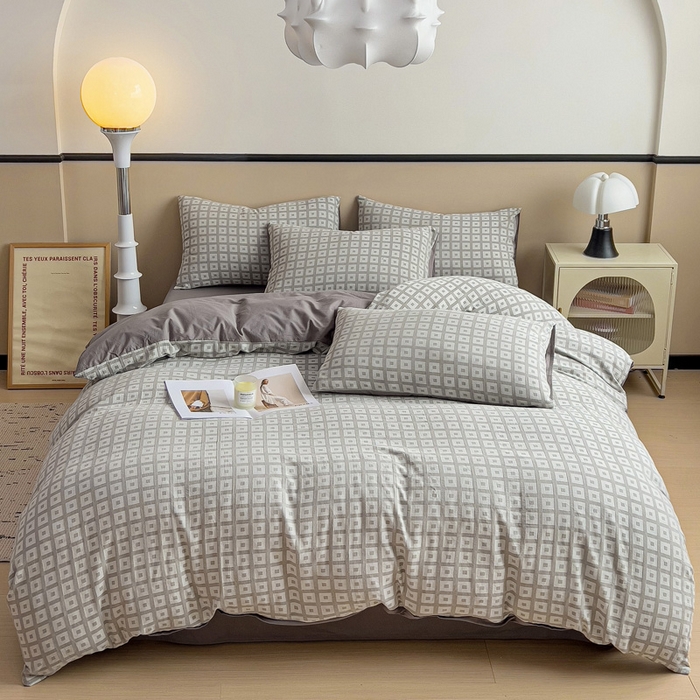 91家纺网 家纺一手货源 找家纺 小懒猪 2026秋冬新款全棉纯棉色织水洗棉华夫格四件套-魔方系列 魔方灰