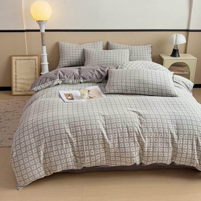 91家纺网 家纺一手货源 找家纺 小懒猪 2026秋冬新款全棉纯棉色织水洗棉华夫格四件套-魔方系列 魔方灰