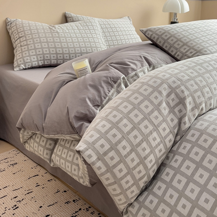 91家纺网 家纺一手货源 找家纺 小懒猪 2026秋冬新款全棉纯棉色织水洗棉华夫格四件套-魔方系列 魔方灰