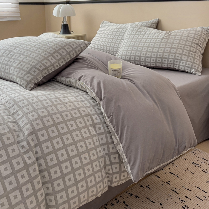 91家纺网 家纺一手货源 找家纺 小懒猪 2026秋冬新款全棉纯棉色织水洗棉华夫格四件套-魔方系列 魔方灰