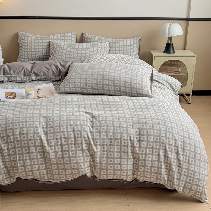 91家纺网 家纺一手货源 找家纺 小懒猪 2026秋冬新款全棉纯棉色织水洗棉华夫格四件套-魔方系列 魔方灰