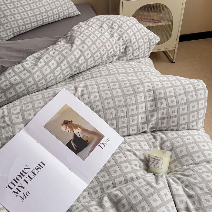 91家纺网 家纺一手货源 找家纺 小懒猪 2026秋冬新款全棉纯棉色织水洗棉华夫格四件套-魔方系列 魔方灰