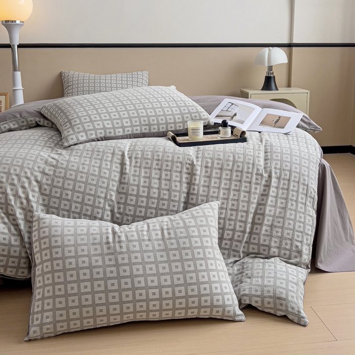 91家纺网 家纺一手货源 找家纺 小懒猪 2026秋冬新款全棉纯棉色织水洗棉华夫格四件套-魔方系列 魔方灰