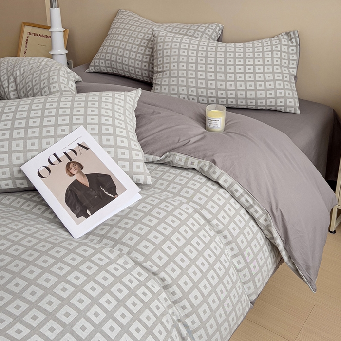 91家纺网 家纺一手货源 找家纺 小懒猪 2026秋冬新款全棉纯棉色织水洗棉华夫格四件套-魔方系列 魔方灰