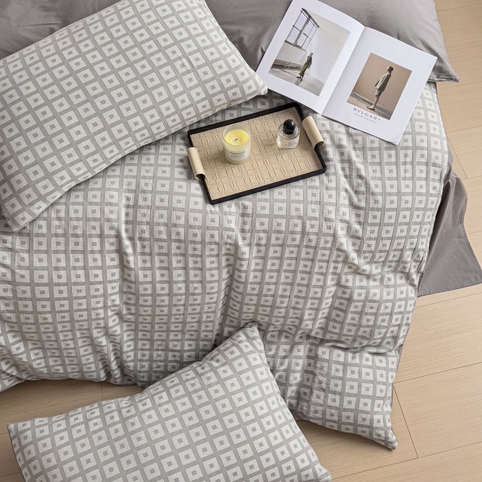 91家纺网 家纺一手货源 找家纺 小懒猪 2026秋冬新款全棉纯棉色织水洗棉华夫格四件套-魔方系列 魔方灰