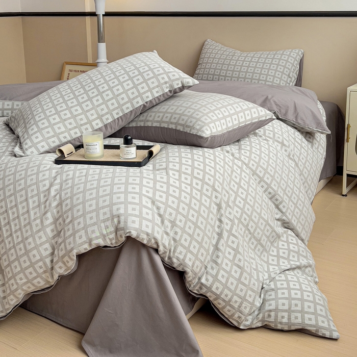 91家纺网 家纺一手货源 找家纺 小懒猪 2026秋冬新款全棉纯棉色织水洗棉华夫格四件套-魔方系列 魔方灰