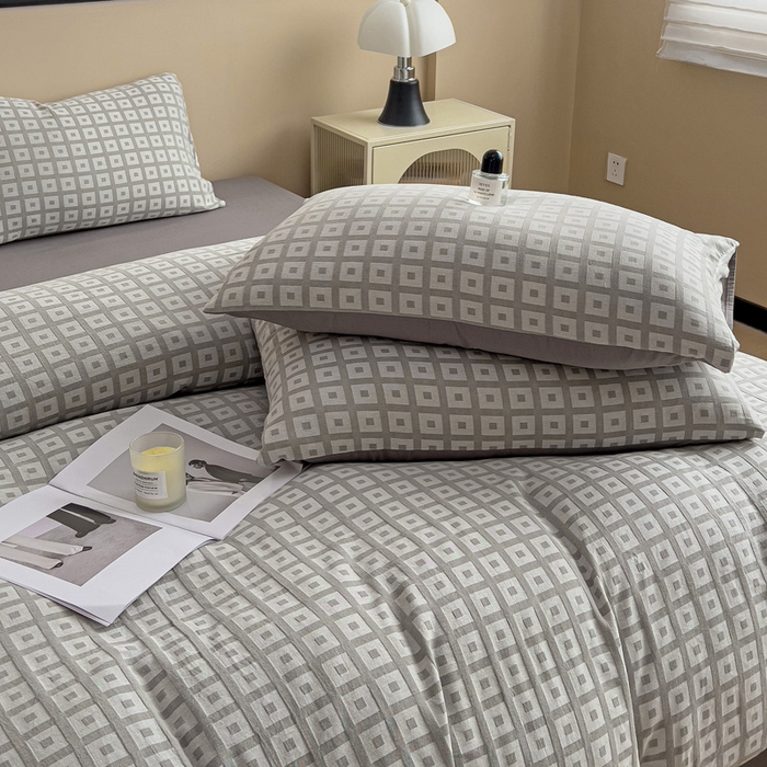 91家纺网 家纺一手货源 找家纺 小懒猪 2026秋冬新款全棉纯棉色织水洗棉华夫格四件套-魔方系列 魔方灰