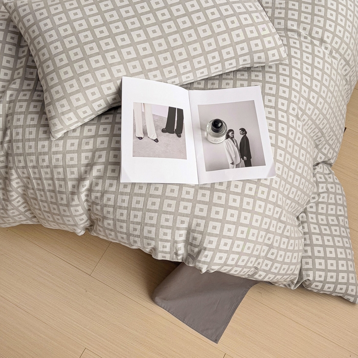 91家纺网 家纺一手货源 找家纺 小懒猪 2026秋冬新款全棉纯棉色织水洗棉华夫格四件套-魔方系列 魔方灰