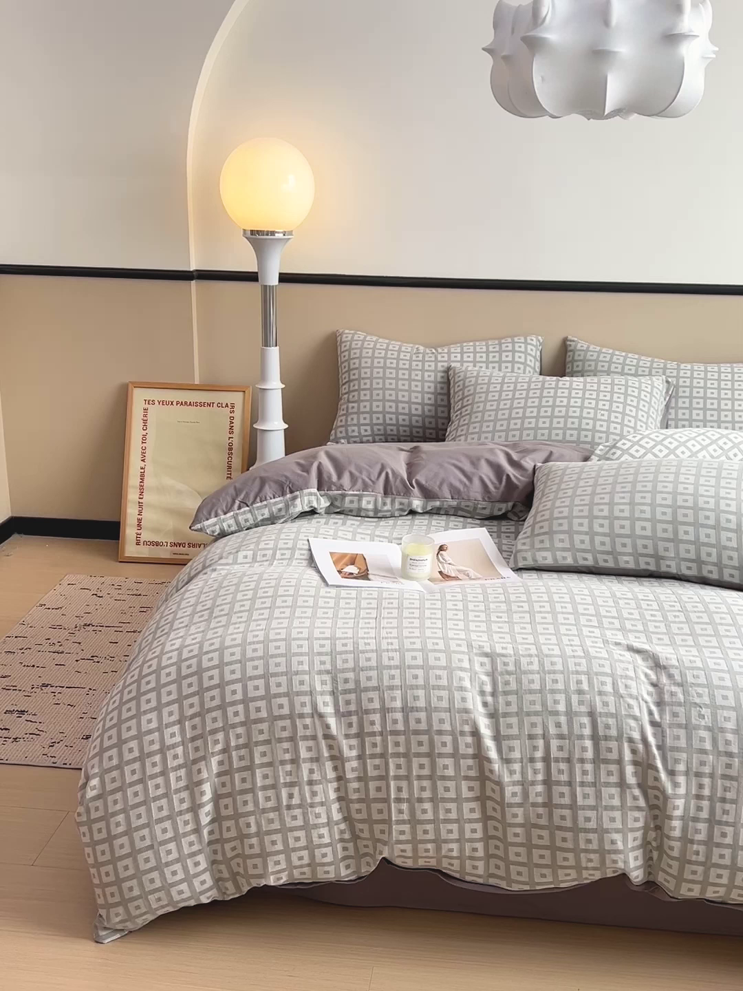 91家纺网 家纺一手货源 找家纺 小懒猪 2026秋冬新款全棉纯棉色织水洗棉华夫格四件套-魔方系列 魔方灰