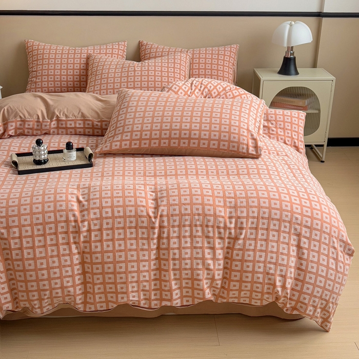 91家纺网 家纺一手货源 找家纺 小懒猪 2026秋冬新款全棉纯棉色织水洗棉华夫格四件套-魔方系列 魔方桔