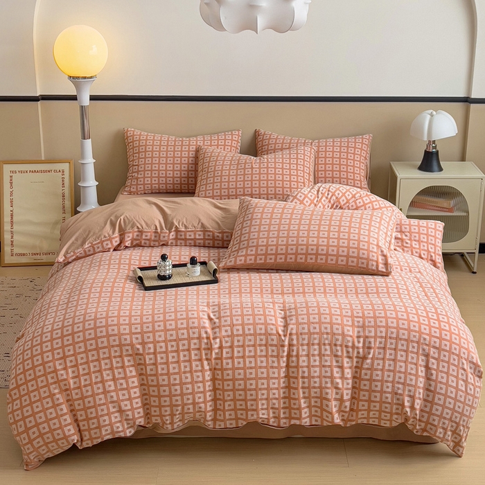 91家纺网 家纺一手货源 找家纺 小懒猪 2026秋冬新款全棉纯棉色织水洗棉华夫格四件套-魔方系列 魔方桔