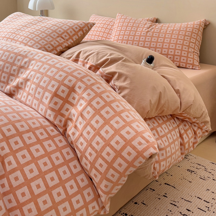 91家纺网 家纺一手货源 找家纺 小懒猪 2026秋冬新款全棉纯棉色织水洗棉华夫格四件套-魔方系列 魔方桔